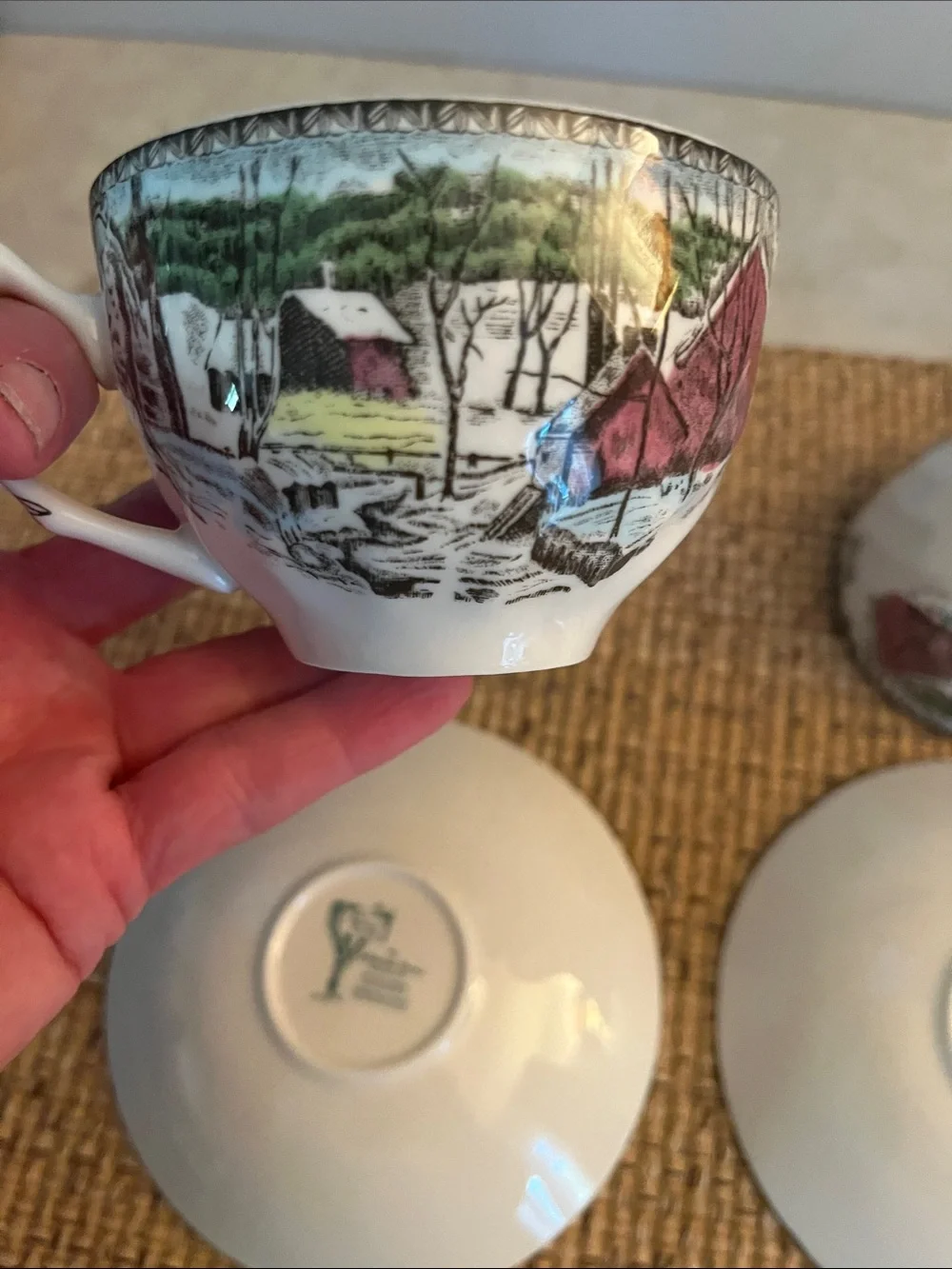 Vintage 2 Johnson Brothers England Friendly Village ICE HOUSE Cup & Saucer Set